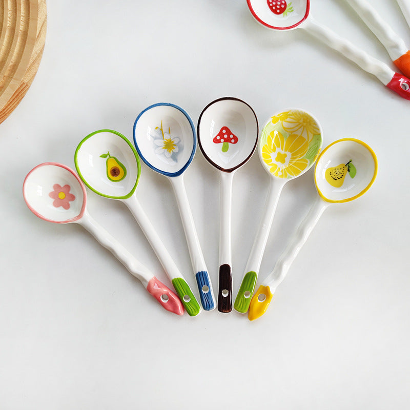 Ceramic soup spoon with lucky cat illustration and ergonomic long-handle Bowlift
