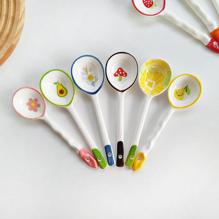 Ceramic soup spoon with lucky cat illustration and ergonomic long-handle Bowlift
