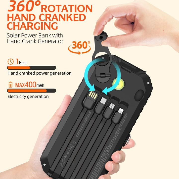 Solar Power Bank with Integrated Charging Cables and LED Flashlight Bowlift