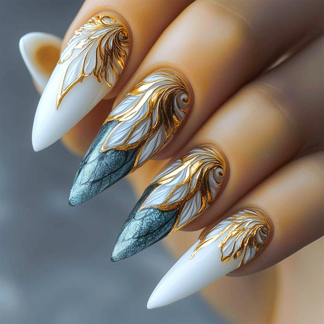 Decorative Long Stiletto Nail Art Extensions with Gold Leaf Design Bowlift