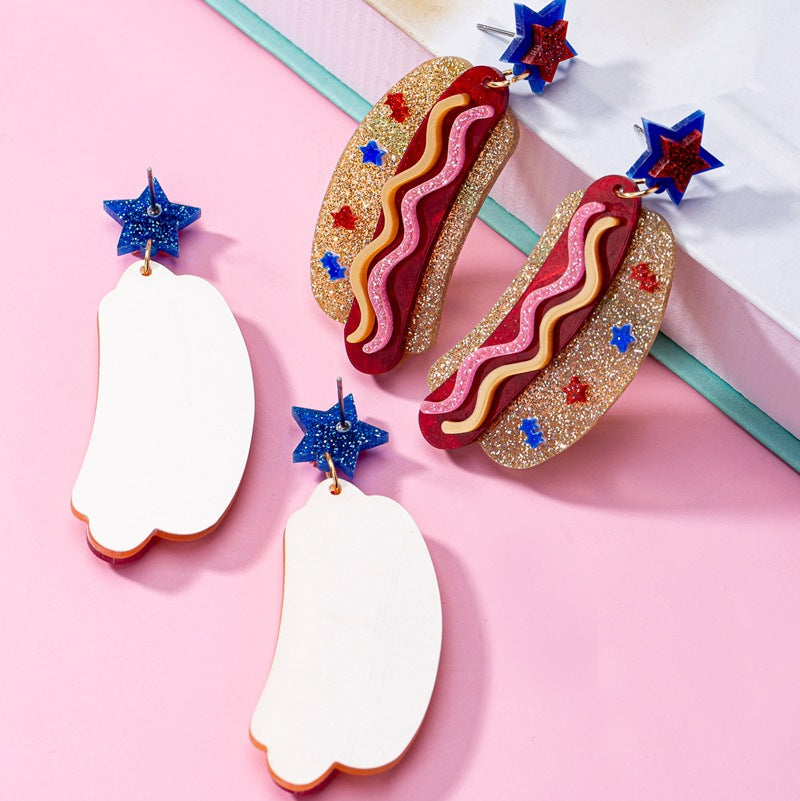 Women's original statement earrings in hotdog design with star stud and layered acrylic mix Bowlift