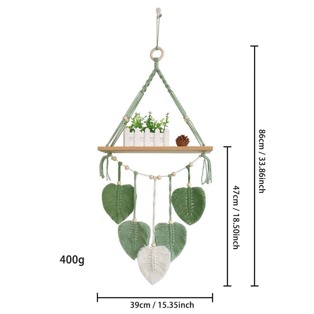 Macramé plant shelf with artistic leaf design