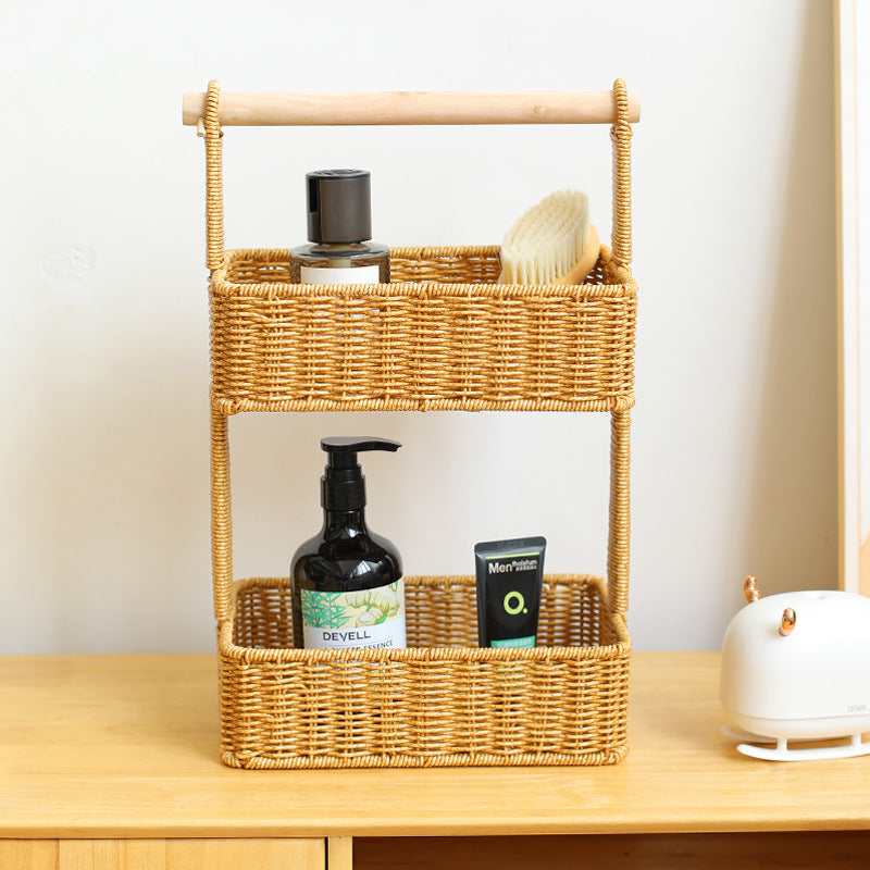 Unisex Two-Tier Storage Basket with Wooden Handle Bowlift