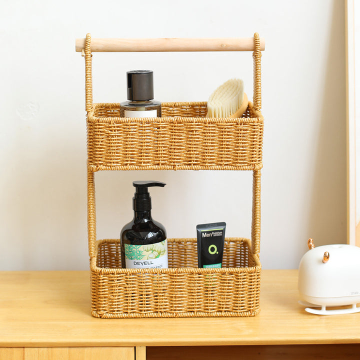 Unisex Two-Tier Storage Basket with Wooden Handle Bowlift