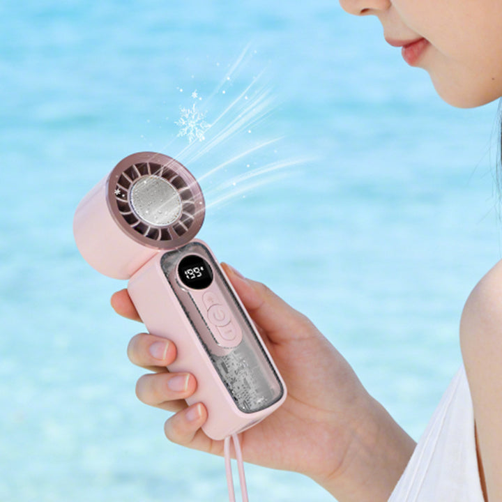 Cooling bladeless micro-turbine handheld fan with OLED battery display and fold-out stand Bowlift