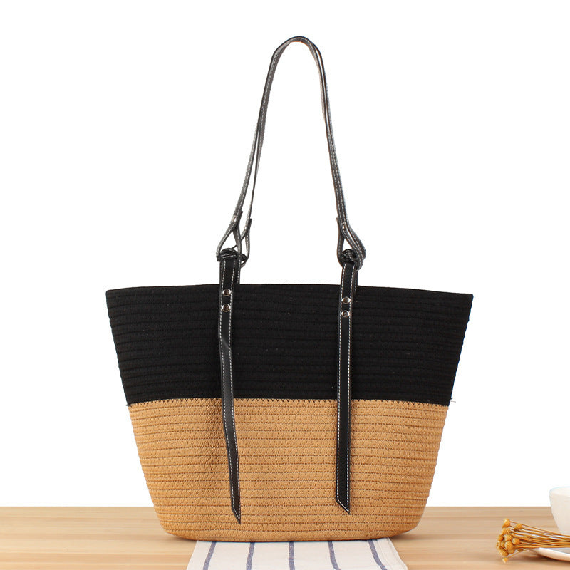 Elegant Beach Bag Made of Woven Natural Material with Stylish Leather Accents Bowlift