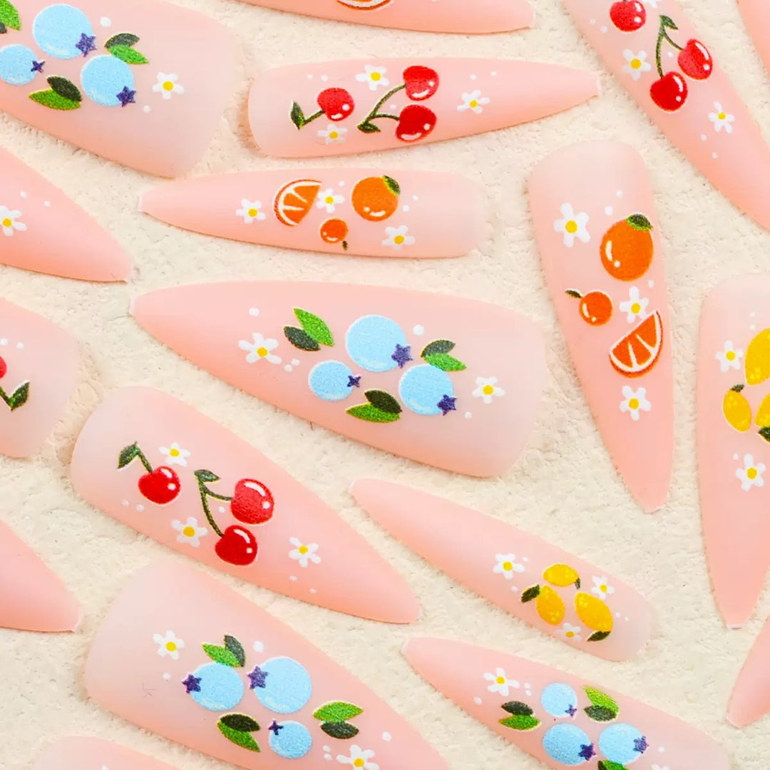 Artificial nail set with fruity 3D designs and blooming accents Bowlift