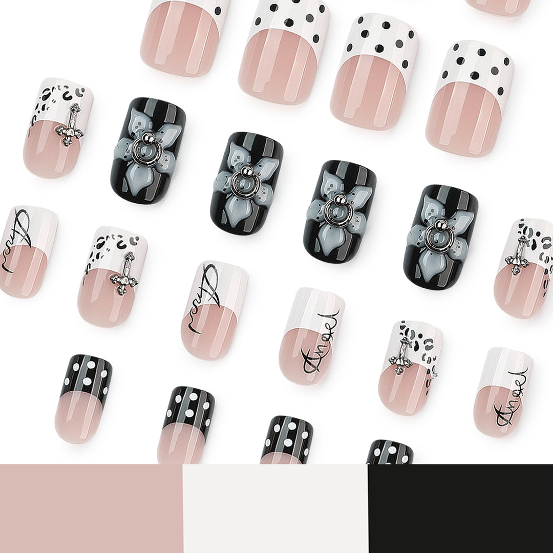 Artful nail extensions with elegant black-and-white design Bowlift