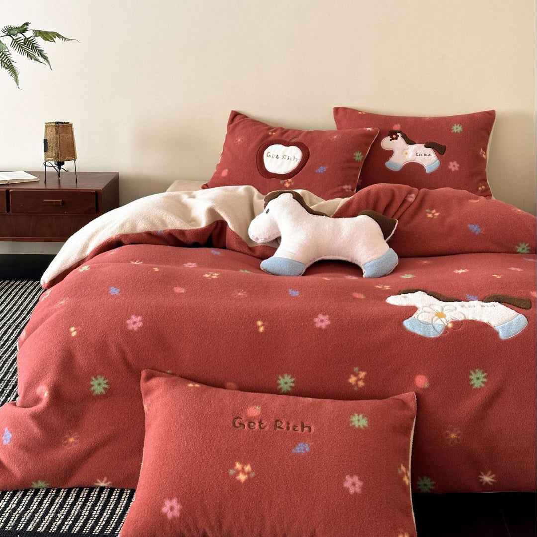 Plush Fleece Embroidered Duvet Cover and Pillowcase Set
