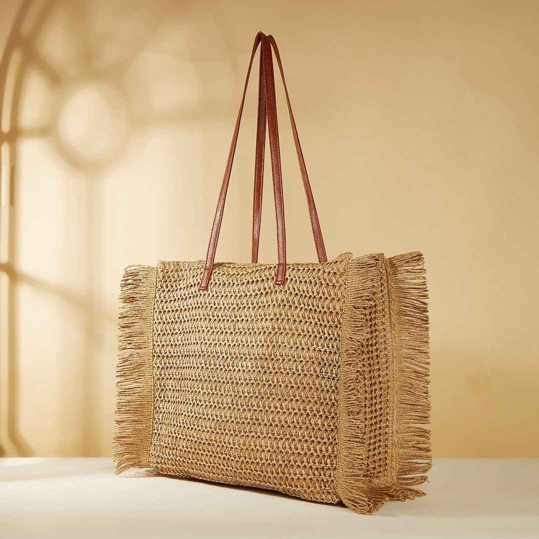 Large Woven Beach Bag with Fringes and Leather Handles Bowlift