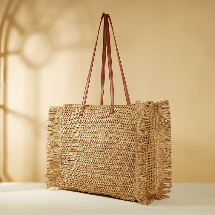 Large Woven Beach Bag with Fringes and Leather Handles Bowlift