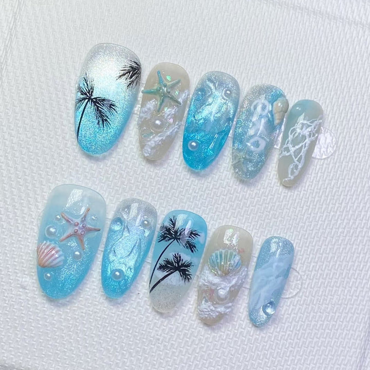 Acrylic nail set with elegant water and marine motifs Bowlift