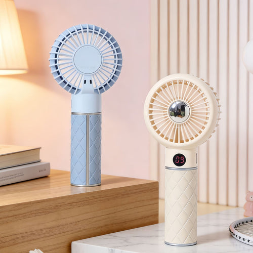 Women portable hand fan with digital speed display and playful bear motif Bowlift