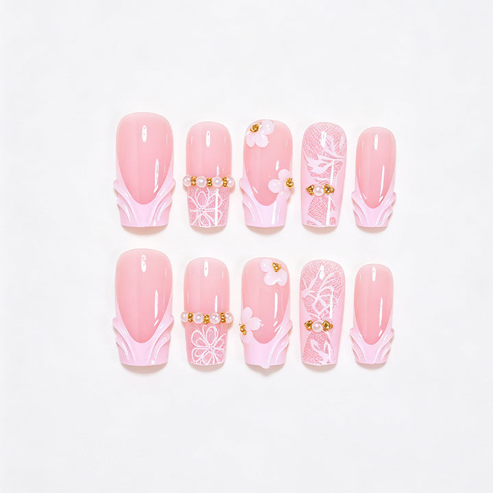 Elegant Floral Press-On Nail Art Tips Bowlift