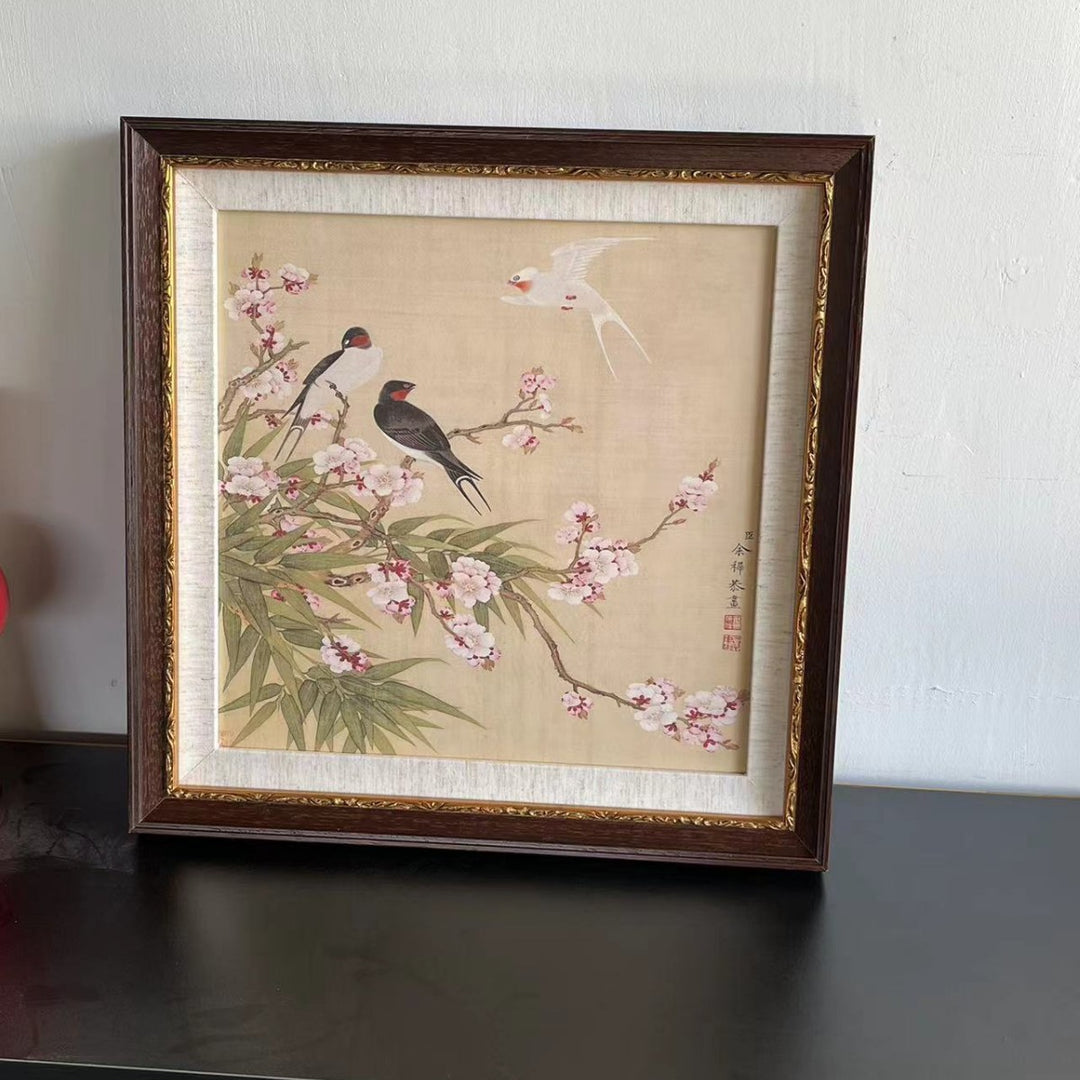 Framed Asian inspired flower bird artwork