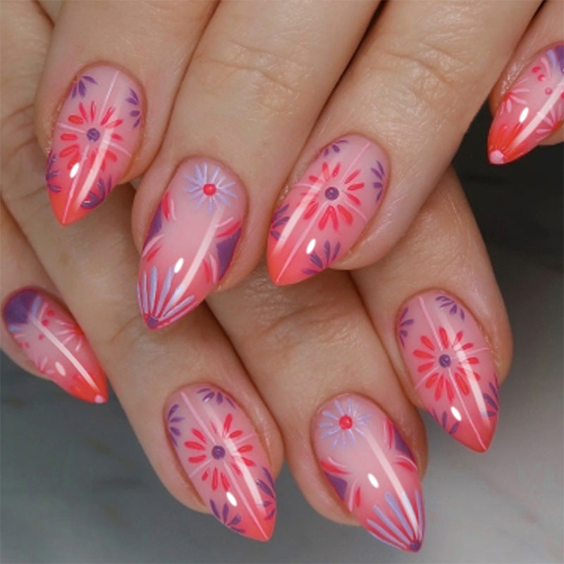 Artistic Press-On Nail Set with Floral and Geometric Patterns Bowlift
