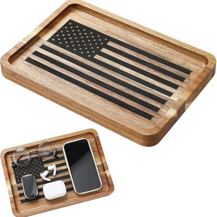 Engraved wooden American flag catchall valet tray Bowlift