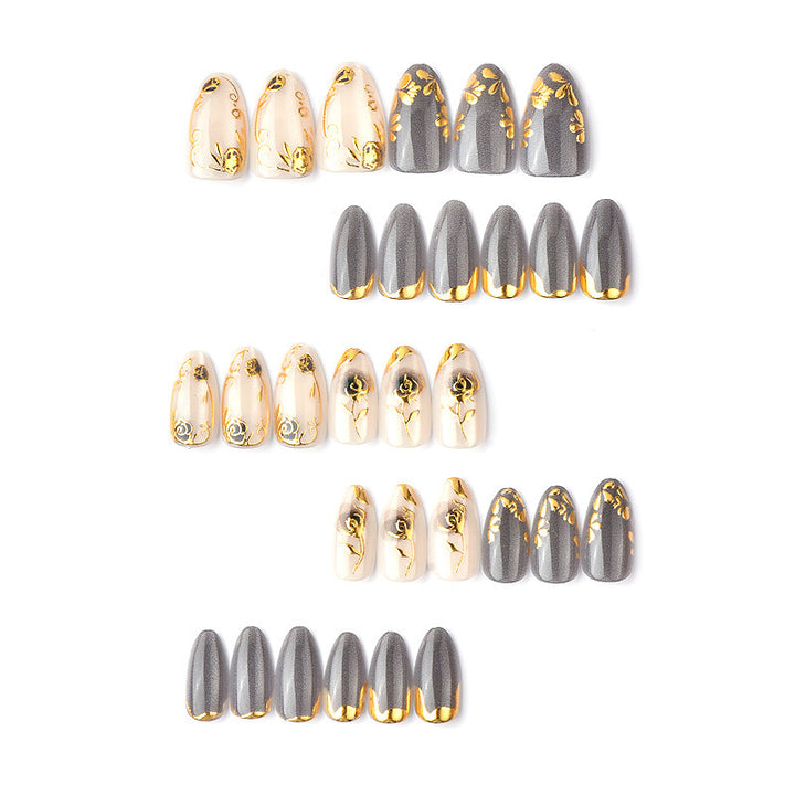 Artificial Nail Set with Elegant Rose Design and Gold Accents Bowlift
