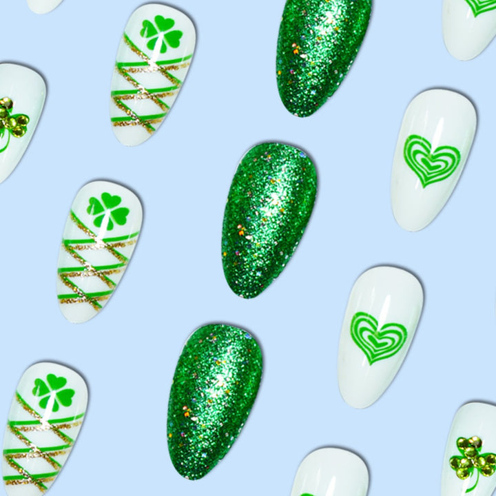 Glamorous Stiletto Press-On Nail Art with Glitter and Shamrock Design Bowlift