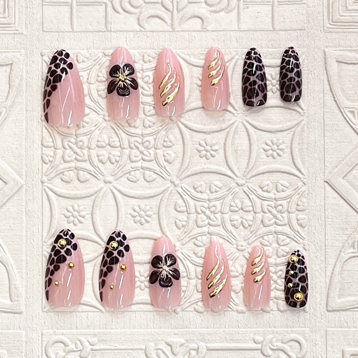 Artistic Press-On Nail Set with Floral and Leopard Accent Bowlift