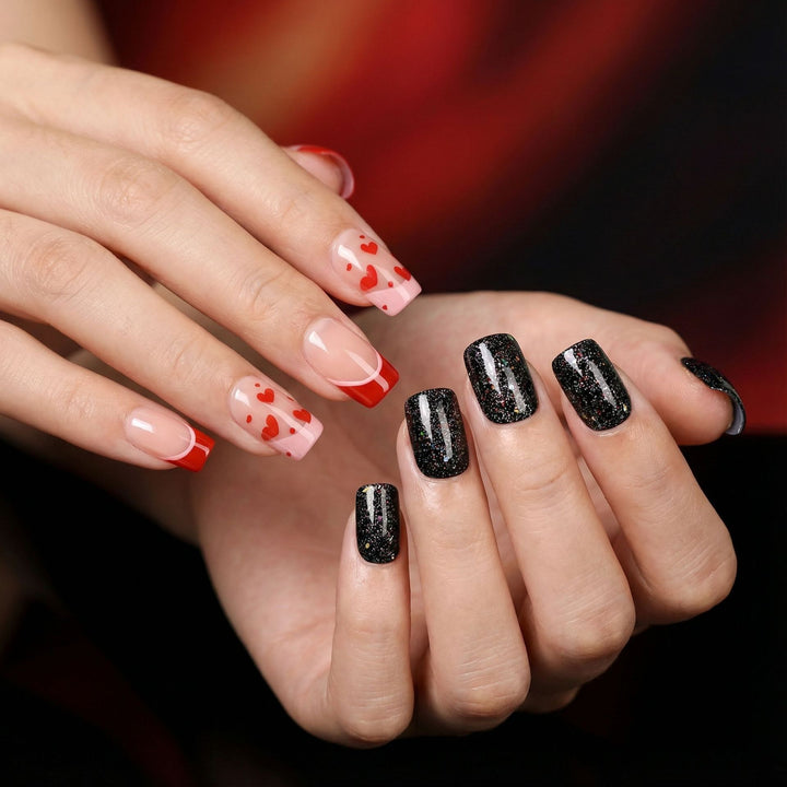 Creative artificial nails with heart design and glitter effects Bowlift