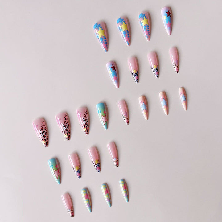 Artificial nail set with colorful 3D star designs Bowlift