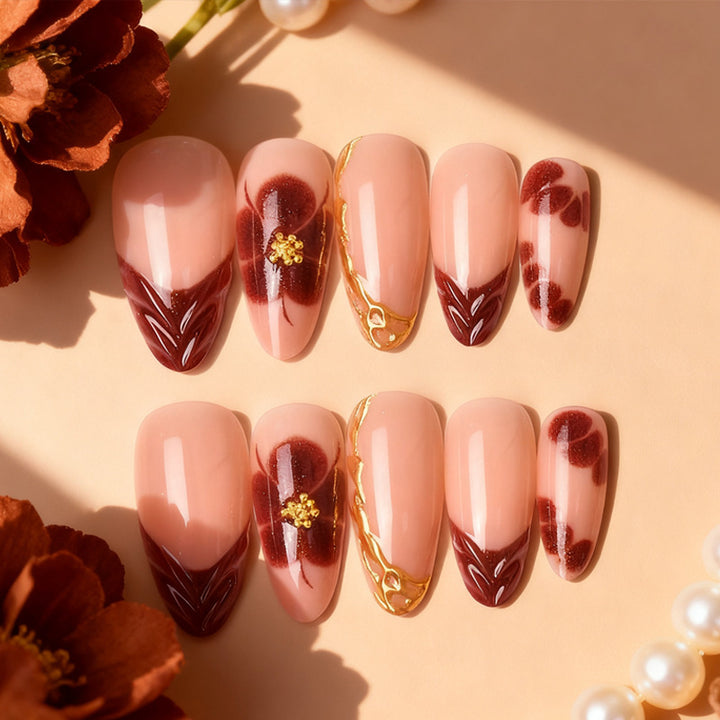 Artistic Floral Press-On Nail Set Bowlift