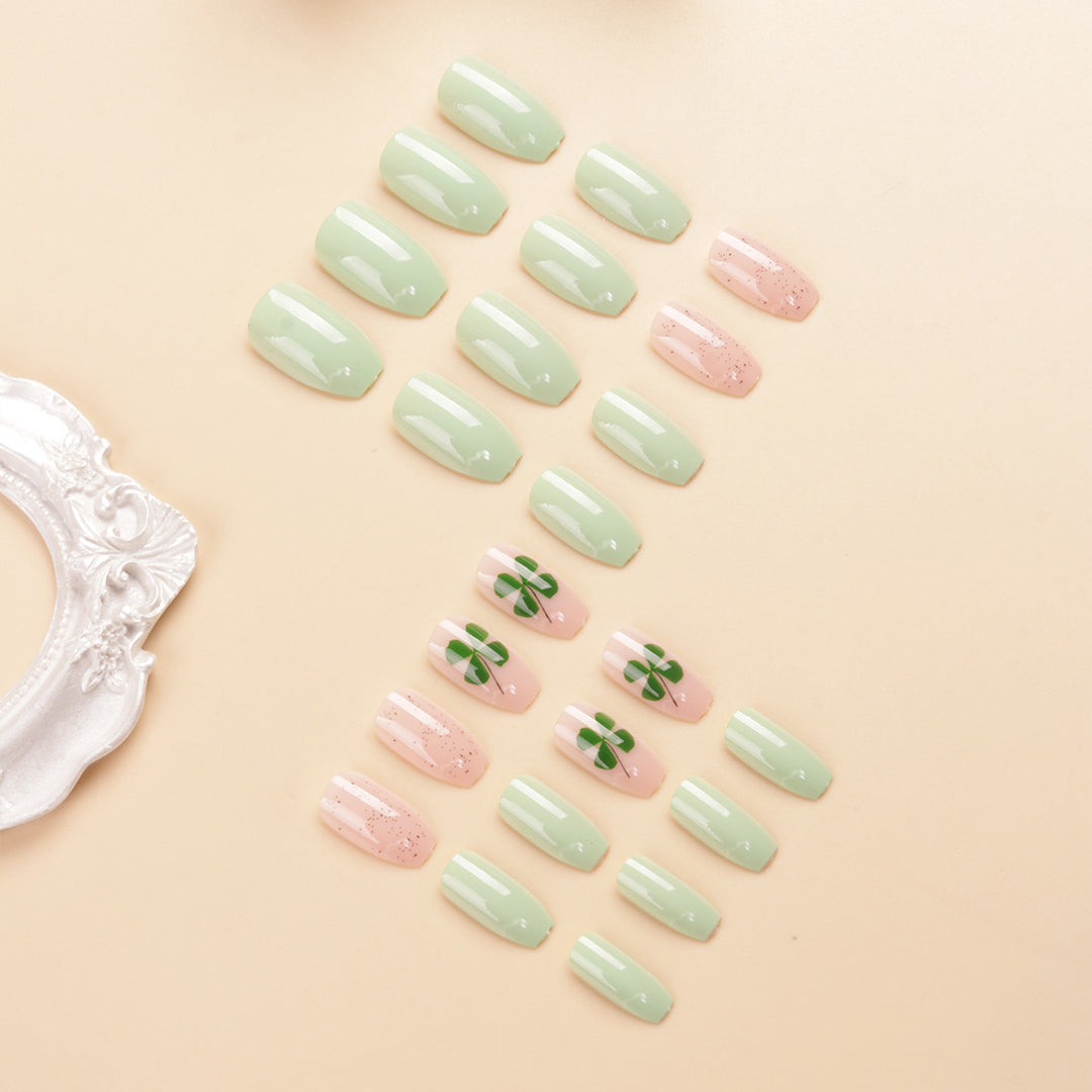Decorative Press-On Nail Art Set with Clover Design Bowlift