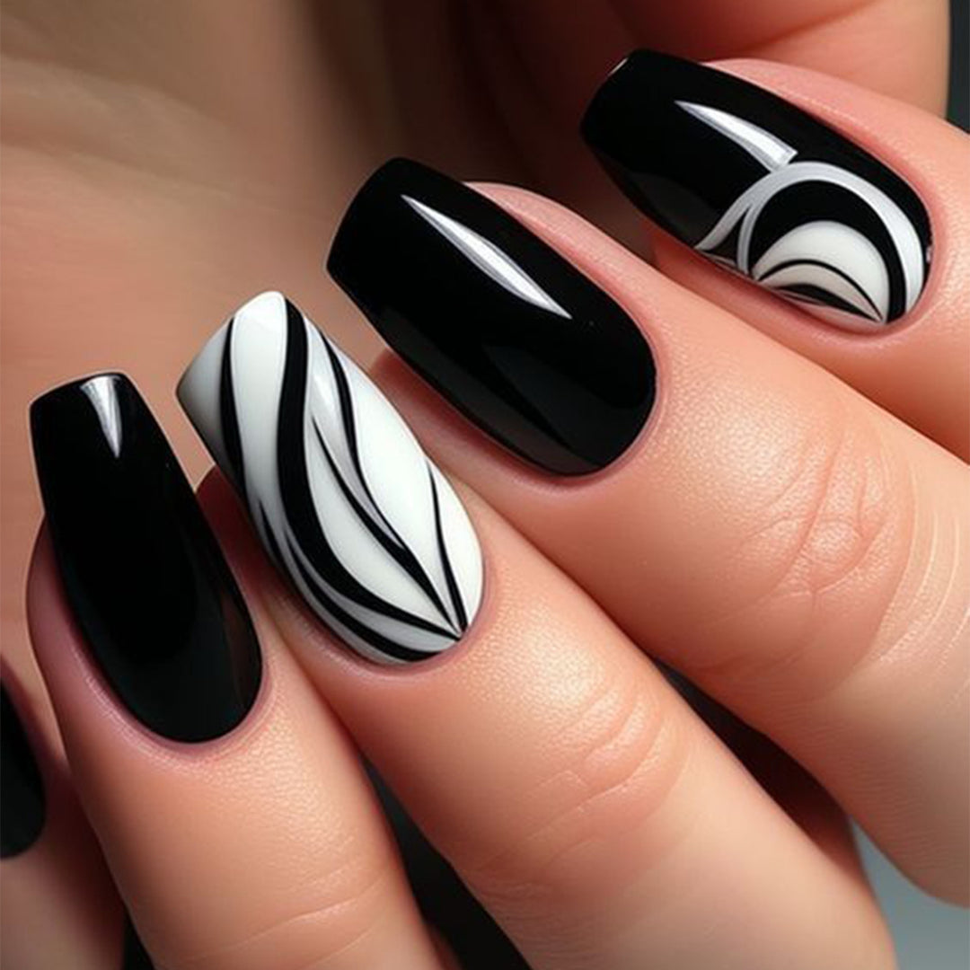 Artistic Press-On Nail Set with Elegant Swirl Design Bowlift
