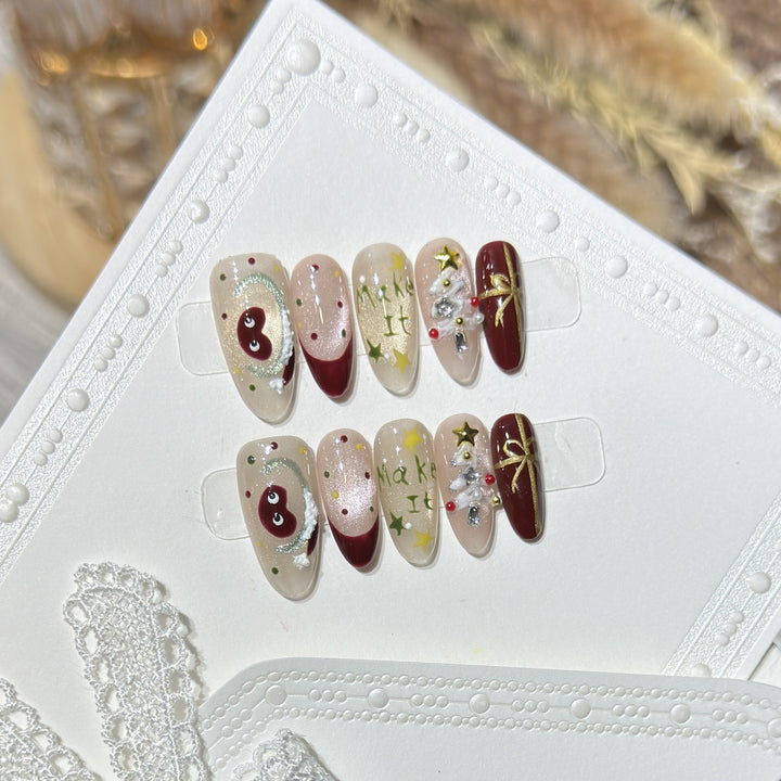 Festive Press-On Nail Art Set with Holiday Designs Bowlift