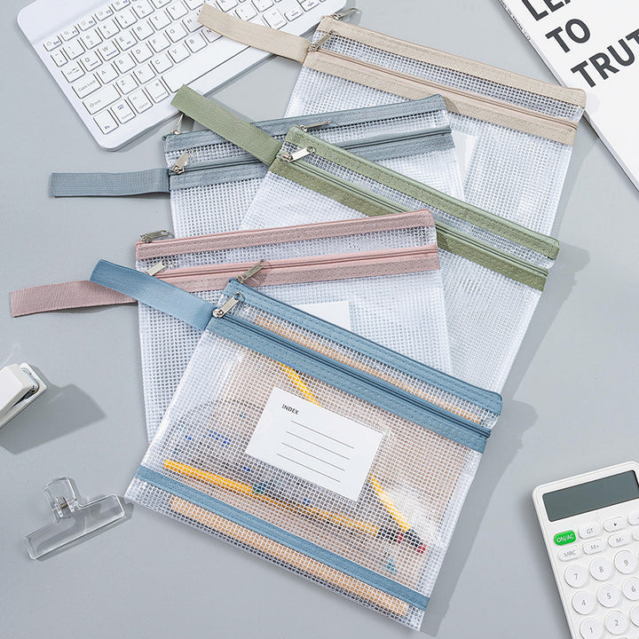 Transparent Mesh Zipper Pouch Set with Wrist Strap Stationery Organizer Bowlift