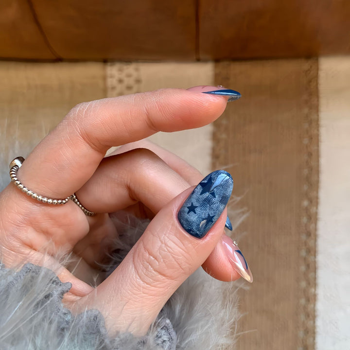 Creative Nail Art Set with Star and Denim Design Bowlift