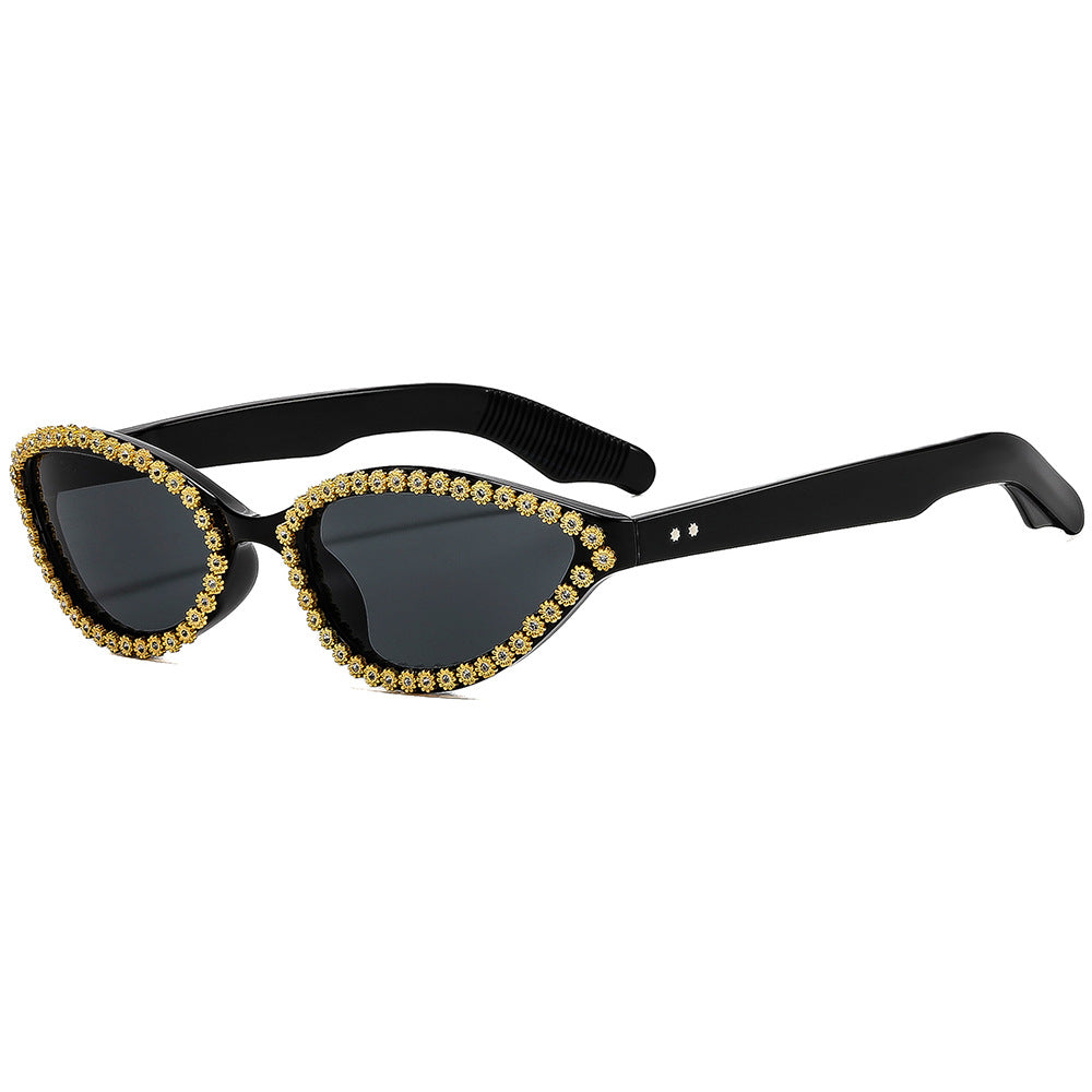 Ladies Glamorous Cat-Eye Sunglasses with Sparkling Flower Accents Bowlift