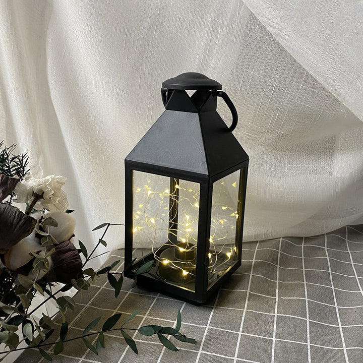 Decorative Metal and Glass Lantern with Warm LED Fairy String Lights Bowlift