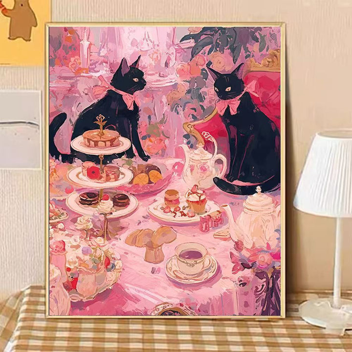 Whimsical Cat-Themed Afternoon Tea Canvas Art Bowlift