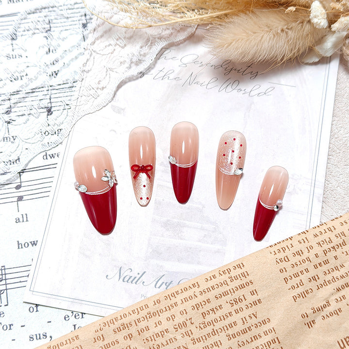 Elegant Artificial Nails with Decorative Ribbons and Rhinestone Clusters Bowlift