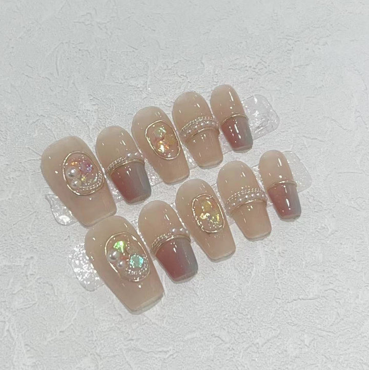 Decorative Press-On Nail Set with Gemstone Accents Bowlift