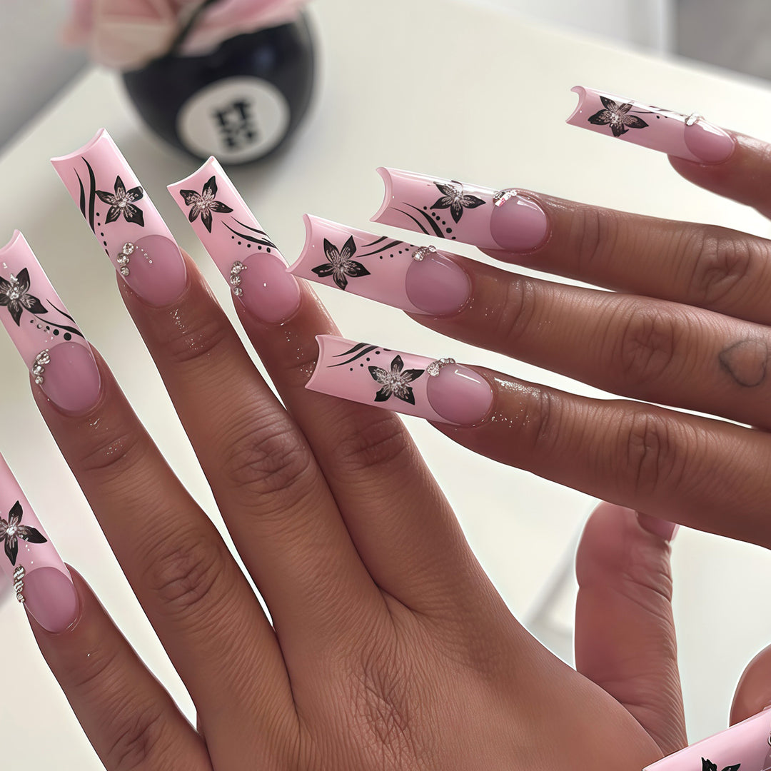 Decorative Floral Long Acrylic Nail Tips Bowlift