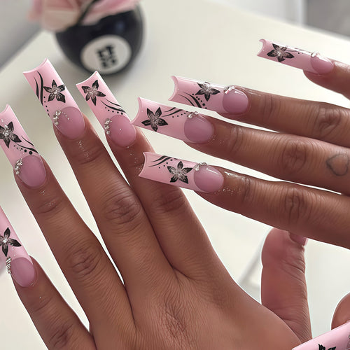 Decorative Floral Long Acrylic Nail Tips Bowlift