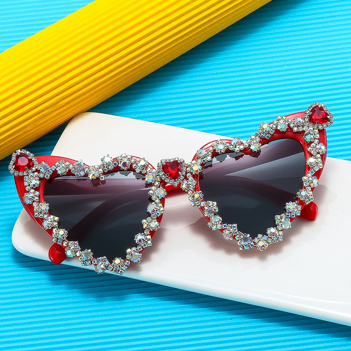 Women's Heart-Shaped Glamour Sunglasses with Rhinestone Decorations Bowlift