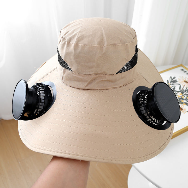 Wide sun hat with integrated solar fans breathable mesh adjustable chin strap Bowlift