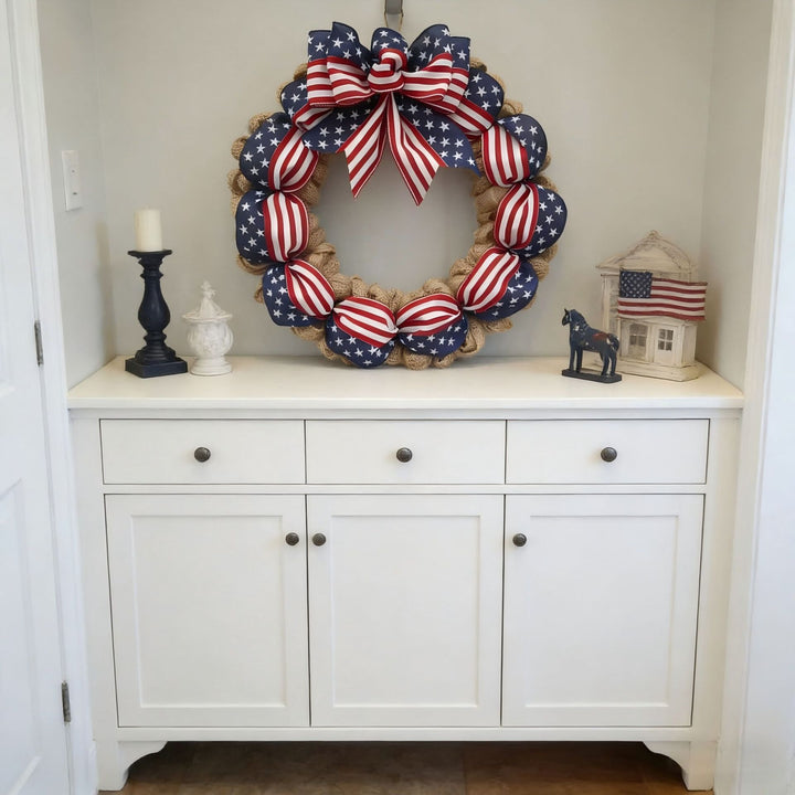 Unisex nan rustic jute door wreath with patriotic star and stripe ribbon and voluminous bow Bowlift