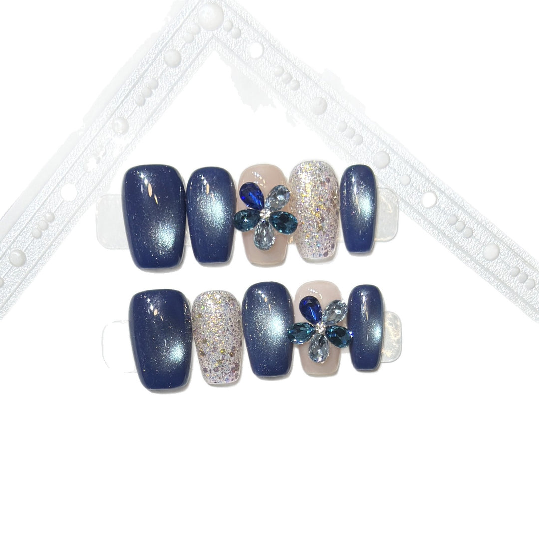 Elegant Floral Press-On Nail Set with Gemstone Accents Bowlift