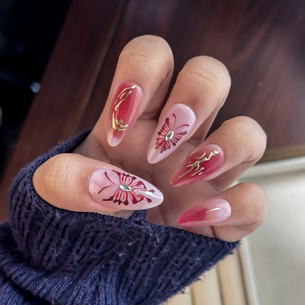 Elegant Hand-Painted Press-On Nail Art Bowlift