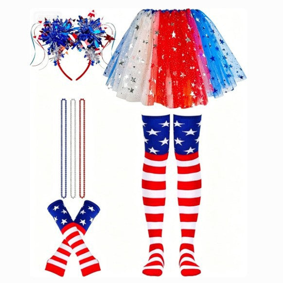 Women's nan patriotic tulle layered mini skirt headband arm sleeves and thigh high socks set Bowlift