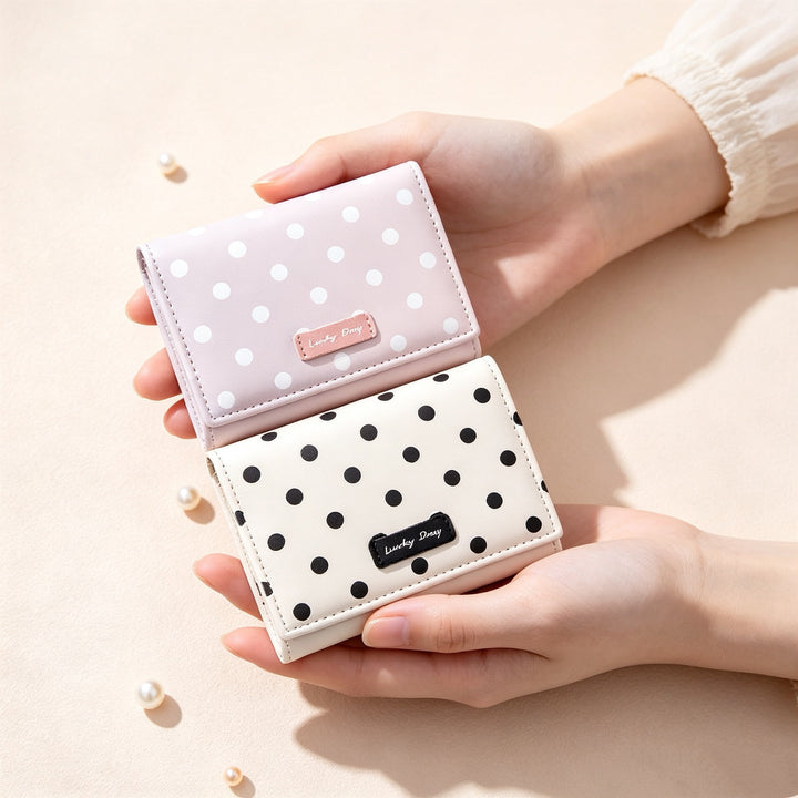Compact polka dot trifold wallet with RFID protection multiple card and coin compartments Bowlift
