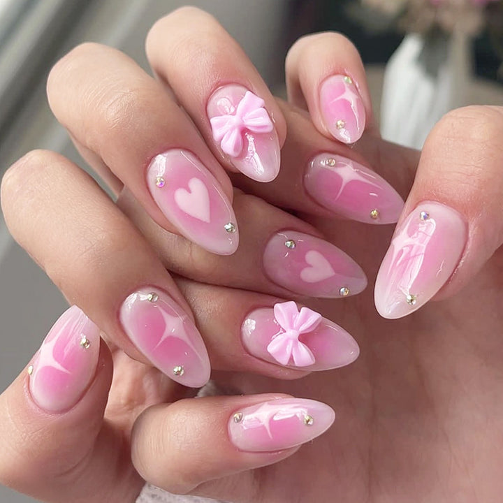 Decorative Press-On Nail Set with Heart and Bow Design Bowlift
