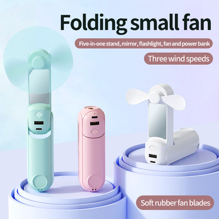Unisex nan foldable handheld fan with built in USB power bank and compact mirror Bowlift
