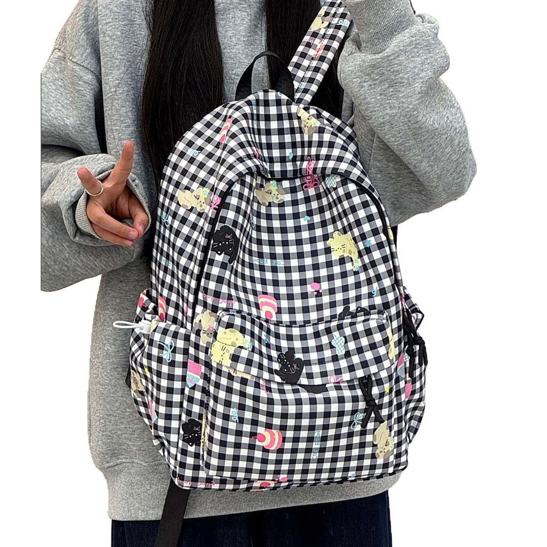 Backpack with Creative Checkered Pattern and Playful Appliqués Bowlift