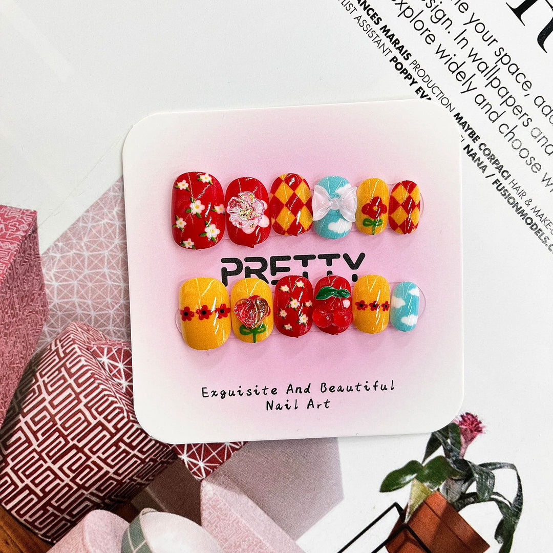 Artistic 3D Decorated Press-On Nail Set Bowlift